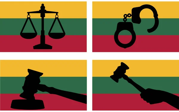 Litauische Flagge Mit Justizvektorsilhouette Richterhammer Und Justizwaage Und Handschellen Silhouette — Stockvektor