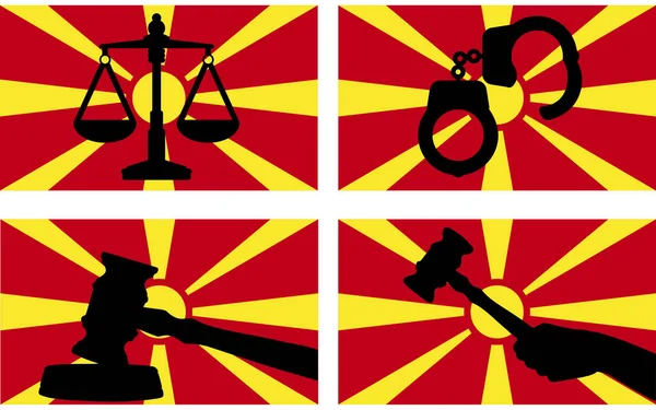 Macedonia Flag Justice Vector Silhouette Judge Gavel Hammer Scales Justice — Stock Vector