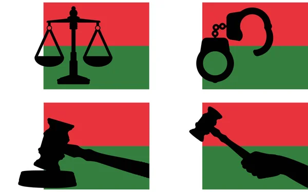 Madagaskar Flagge Mit Gerechtigkeitsvektorsilhouette Richtergabel Hammer Und Waage Der Gerechtigkeit — Stockvektor
