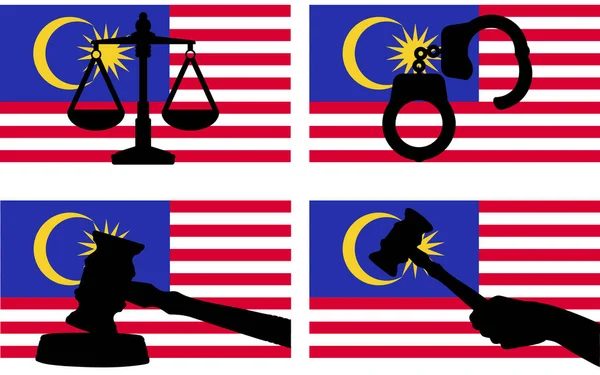 Malaysia Flag Justice Vector Silhouette Judge Gavel Hammer Scales Justice — Stock Vector