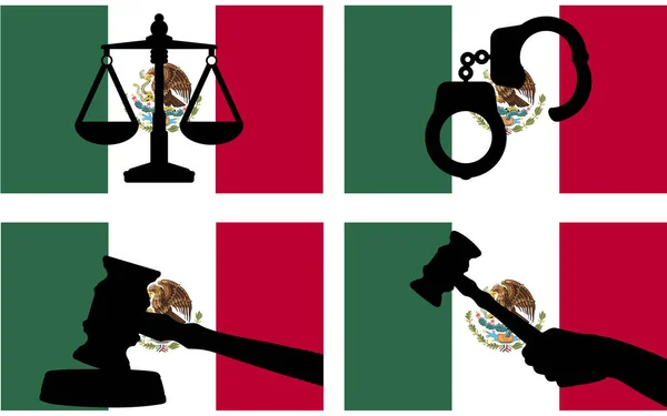 Mexiko Flagge Mit Justizvektorsilhouette Richter Hammer Und Justizwaage Und Handschellen — Stockvektor