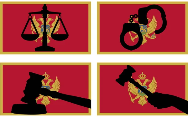 Montenegro Flagge Mit Gerechtigkeitsvektorsilhouette Richtergabel Hammer Und Waage Der Gerechtigkeit — Stockvektor