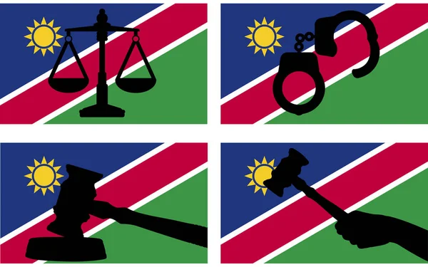 国の旗 ナミビアの法律の概念 デザイン資産 自由のアイデアに正義のベクトルシルエット 裁判官のギャベルハンマーと正義と手錠シルエットのスケールでナミビアのフラグ — ストックベクタ