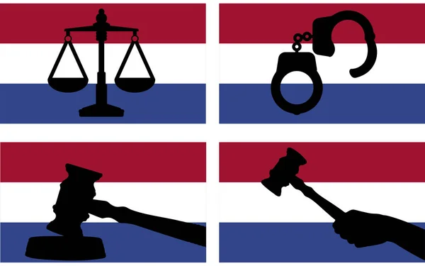 Niederlande Flagge Mit Justizvektorsilhouette Richtergabel Hammer Und Justizwaage Und Handschellen — Stockvektor