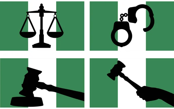 Nigeria Flag Justice Vector Silhouette Judge Gavel Hammer Scales Justice — Stock Vector