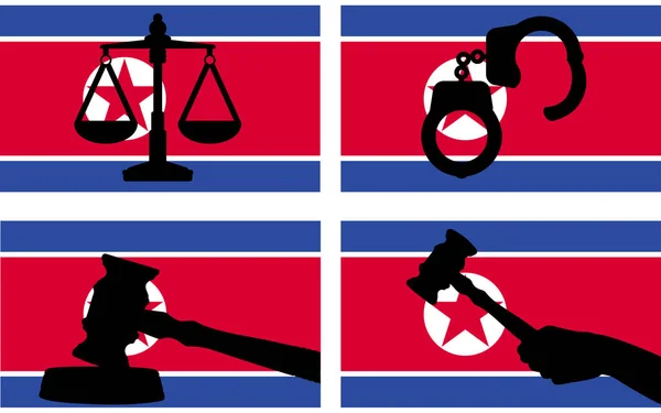 带有司法矢量轮廓的朝鲜国旗 法官槌和司法尺度以及国旗上的手铐轮廓 朝鲜法律概念 设计资产 自由理念 — 图库矢量图片