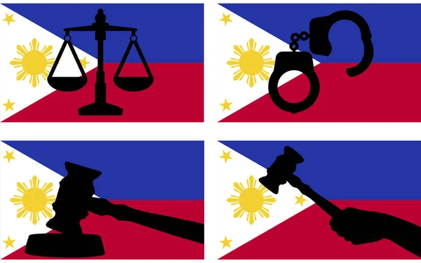国の旗 フィリピンの法律の概念 デザイン資産 自由の考え方に正義のベクトルのシルエット 裁判官のギャベルハンマーと正義と手錠のシルエットのスケールでフィリピンのフラグ — ストックベクタ