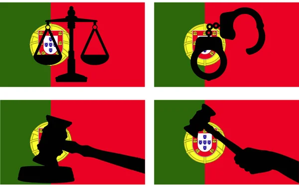 正義のベクトルのシルエットとポルトガルのフラグは 国のフラグ ポルトガルの法律の概念 デザイン資産 自由のアイデアに正義と手錠のシルエットの裁判官のギャベルハンマーとスケール — ストックベクタ
