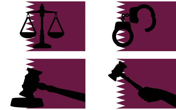 Qatar Flag Justice Vector Silhouette Judge Gavel Hammer Scales Justice — Stock Vector
