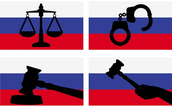 国の旗 ロシアの法律の概念 デザイン資産 自由のアイデアに正義ベクトルシルエット 裁判官のギャベルハンマーと正義と手錠シルエットのスケールでロシアのフラグ — ストックベクタ