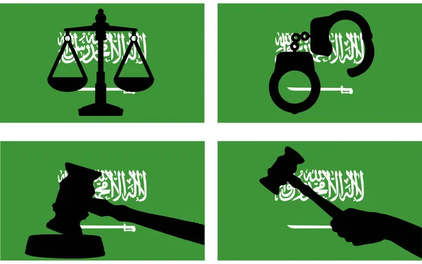 Прапор Саудівської Аравії Векторним Силуетом Правосуддя Суддівським Молотком Лускою Правосуддя — стоковий вектор