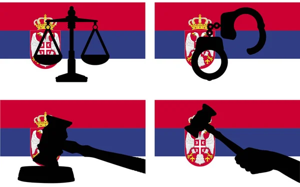 带有司法矢量轮廓的塞尔维亚国旗 法官槌和司法尺度以及国旗上的手铐轮廓 塞尔维亚法律概念 设计资产 自由理念 — 图库矢量图片