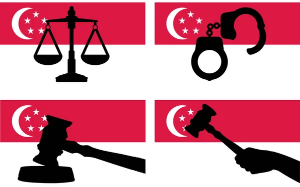 国の旗 シンガポールの法律の概念 デザイン資産 自由のアイデアに正義ベクトルシルエット 裁判官のギャベルハンマーと正義と手錠シルエットのスケールでシンガポールフラグ — ストックベクタ