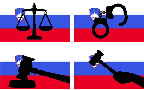 国の旗 スロベニアの法律の概念 デザイン資産 自由のアイデアに正義のベクトルシルエット 裁判官のギャベルハンマーと正義と手錠シルエットのスケールでスロベニアのフラグ — ストックベクタ