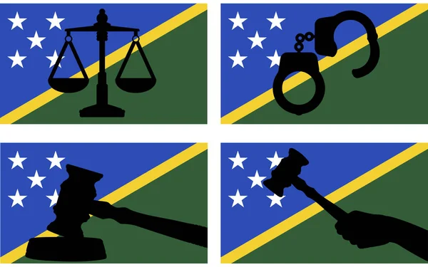 具有司法矢量轮廓的所罗门群岛国旗 法官锤和司法尺度以及国旗上的手铐轮廓 所罗门群岛法律概念 设计资产 自由理念 — 图库矢量图片