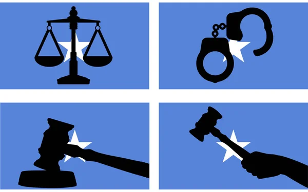国の旗 ソマリアの法律の概念 デザイン資産 自由のアイデアに正義のベクトルのシルエット 裁判官のギャベルハンマーと正義と手錠のシルエットのスケールとソマリアのフラグ — ストックベクタ