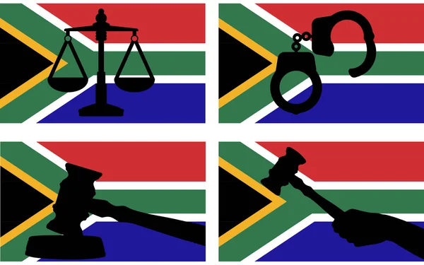 正義のベクトルのシルエットと南アフリカのフラグは 国のフラグ 南アフリカの法律の概念 デザイン資産 自由のアイデアに正義と手錠のシルエットの裁判官のギャベルハンマーとスケール — ストックベクタ