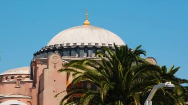 Ayasofya Camii olarak bilinen bir ağaçla Ayasofya Kubbesi, İstanbul 'da 4k 60 fps video, kırmızı camili güzel manzara, seyahat ve İstanbul' un keşfi, İslami mimari konsept