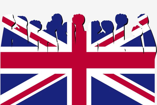 Birleşik Krallık Bayrağı Yükseltilmiş Protesto Elleri Vektörü Ülke Bayrağı Logosu — Stok Vektör