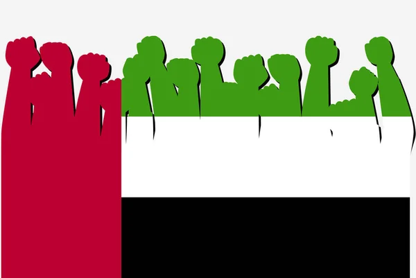Bandera Los Emiratos Árabes Unidos Con Vector Manos Protesta Levantado — Vector de stock