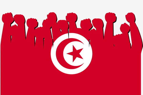 Flaga Tunezji Podniesionym Wektorem Rąk Protestujących Logo Flagi Kraju Koncepcja — Wektor stockowy