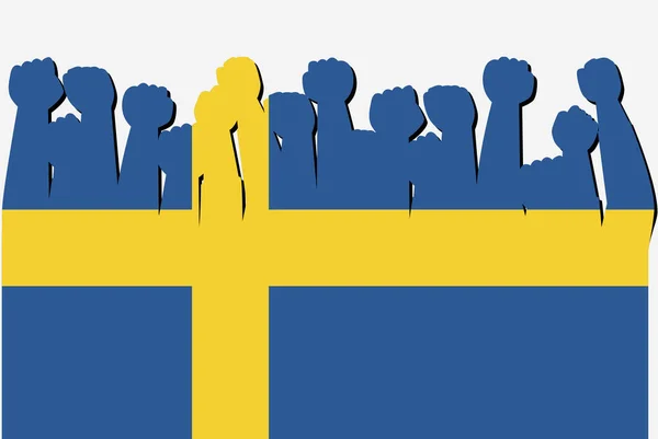 Drapeau Suède Avec Mains Protestation Élevées Vecteur Logo Drapeau Pays — Image vectorielle