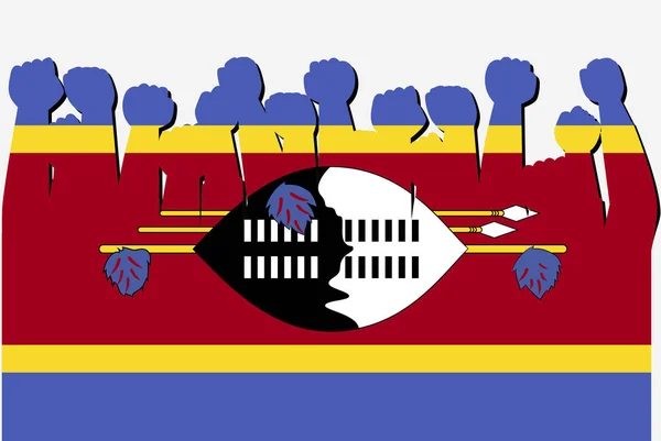 Swaziland Vlag Met Opgeheven Protest Handen Vector Land Vlag Logo — Stockvector