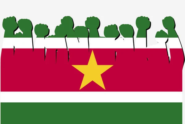 Surinaamse Vlag Met Opgeheven Protesthanden Vector Landvlag Logo Surinaams Protestconcept — Stockvector