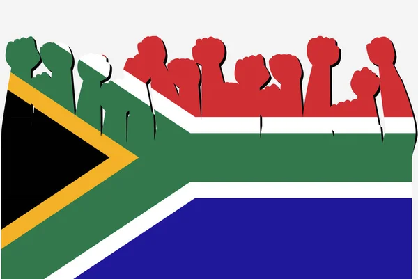 南アフリカの国旗と抗議の手ベクトル 国旗のロゴ 南アフリカの抗議の概念 — ストックベクタ