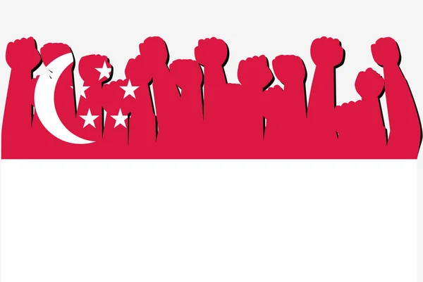 Singapore Vlag Met Opgeheven Protest Handen Vector Land Vlag Logo — Stockvector