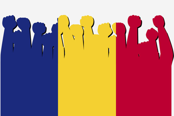 Romania flag with raised protest hands vector, country flag logo, Romania protesting concept