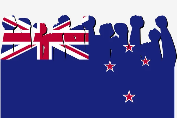 Neuseeland Flagge Mit Erhobenen Protest Händen Länderflaggen Logo Neuseeländischem Protestkonzept — Stockvektor