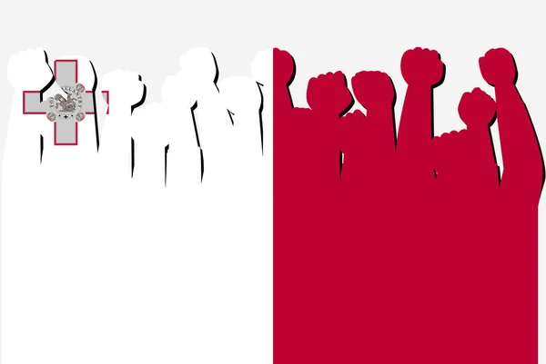 Malta Vlag Met Opgeheven Protest Handen Vector Land Vlag Logo — Stockvector