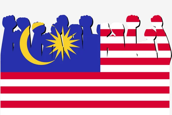 Bandera Malasia Con Vector Manos Protesta Levantado Logotipo Bandera País — Vector de stock