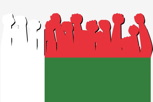 Мадагаскарский Флаг Поднятыми Руками Протеста Вектор Логотип Страны Мадагаскар Протестующей — стоковый вектор