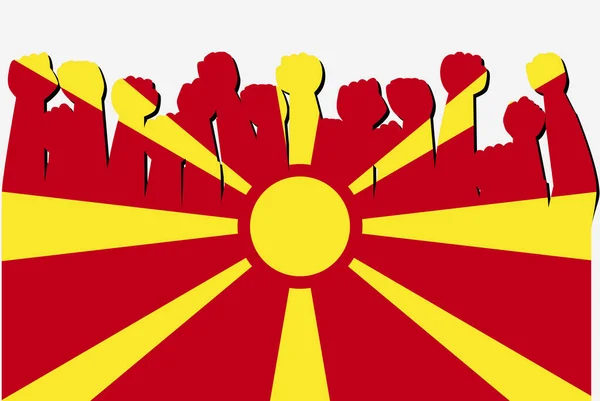 Makedonská Vlajka Zvednutými Protestními Rukama Vektor Logo Země Makedonie Protestní — Stockový vektor