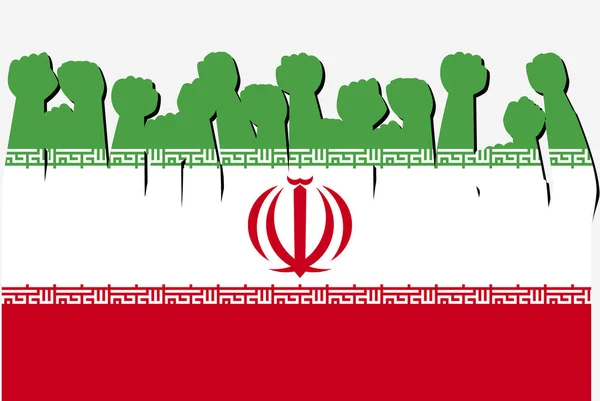 Bandeira Irã Com Vetor Mãos Protesto Levantado Logotipo Bandeira País — Vetor de Stock