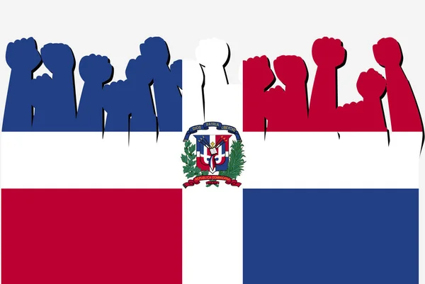 Bandera Dominicana Con Vector Manos Protesta Levantado Logotipo Bandera País — Vector de stock