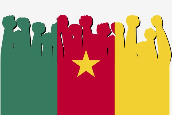 Kamerunská Vlajka Zdviženým Vektorem Protestních Rukou Logo Země Kamerunský Protestní — Stockový vektor