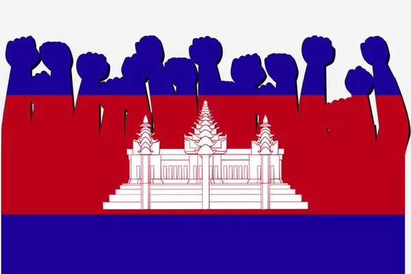 Cambodja Vlag Met Opgeheven Protest Handen Vector Land Vlag Logo — Stockvector