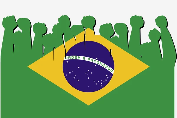 Bandeira Brasil Com Vetor Levantado Mãos Protesto Logotipo Bandeira País —  Vetores de Stock