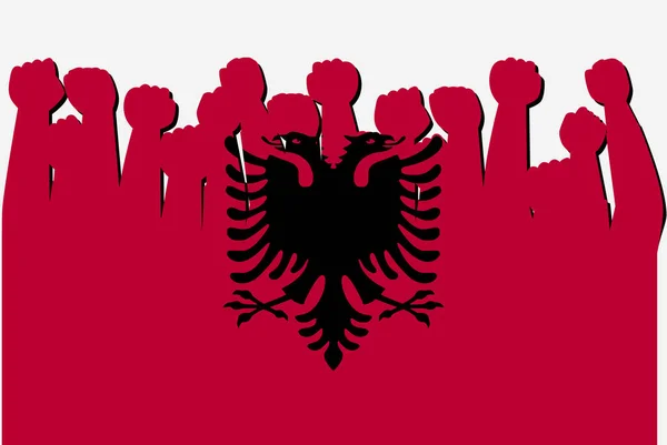 Bandeira Albânia Com Vetor Mãos Protesto Levantado Logotipo Bandeira País — Vetor de Stock
