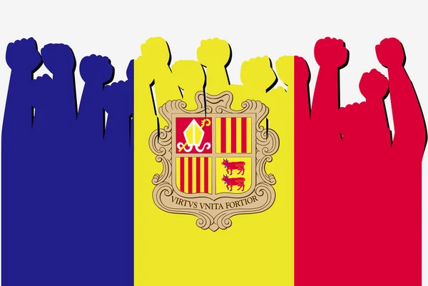 Andorra Flagga Med Upphöjd Protest Händer Vektor Land Flagga Logotyp — Stock vektor