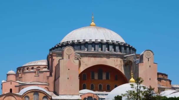 Hagia Sophia Minareter Och Kupol Front View Med Blå Himmel — Stockvideo