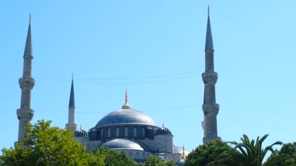 青いモスクのミナレットと日当たりの良い空を持つドームビュー スルタンアフメットCamiiとして知られています イスタンブールの4K Fpsのビデオ モスクと美しいランドマーク 太陽と青い空 イスラム教徒とイスラム教の概念 旅行のアイデア — ストック動画