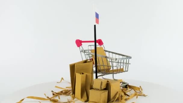 Bandera Rusia Con Carrito Supermercado Cajas Cartón Video Fps Concepto — Vídeo de stock