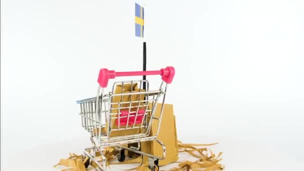 Flaga Szwecji Wózkiem Ręcznym Kartonowymi Pudełkami Wideo Fps Koncepcja Marketingu — Wideo stockowe