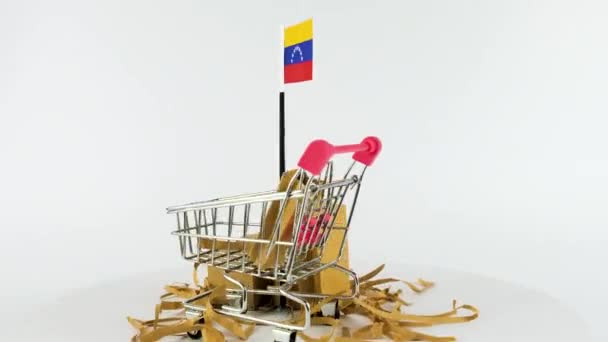 Bandera Venezuela Con Carrito Supermercado Cajas Cartón Video Fps Concepto — Vídeos de Stock