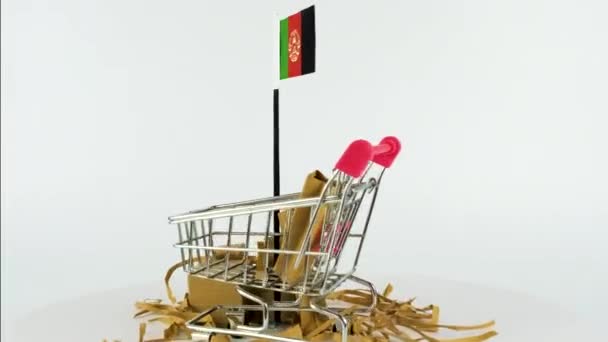 Bandeira Afeganistão Com Carrinho Supermercado Caixas Papelão Vídeo Fps Conceito — Vídeo de Stock