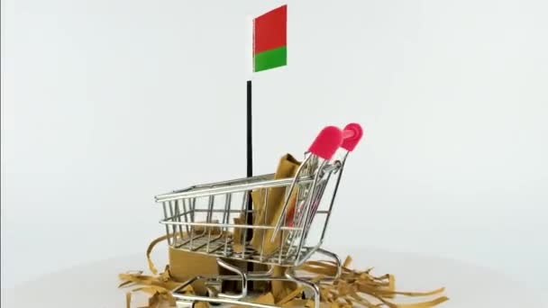Weißrussland Flagge Mit Supermarkt Handwagen Und Kartons Video Fps Online — Stockvideo